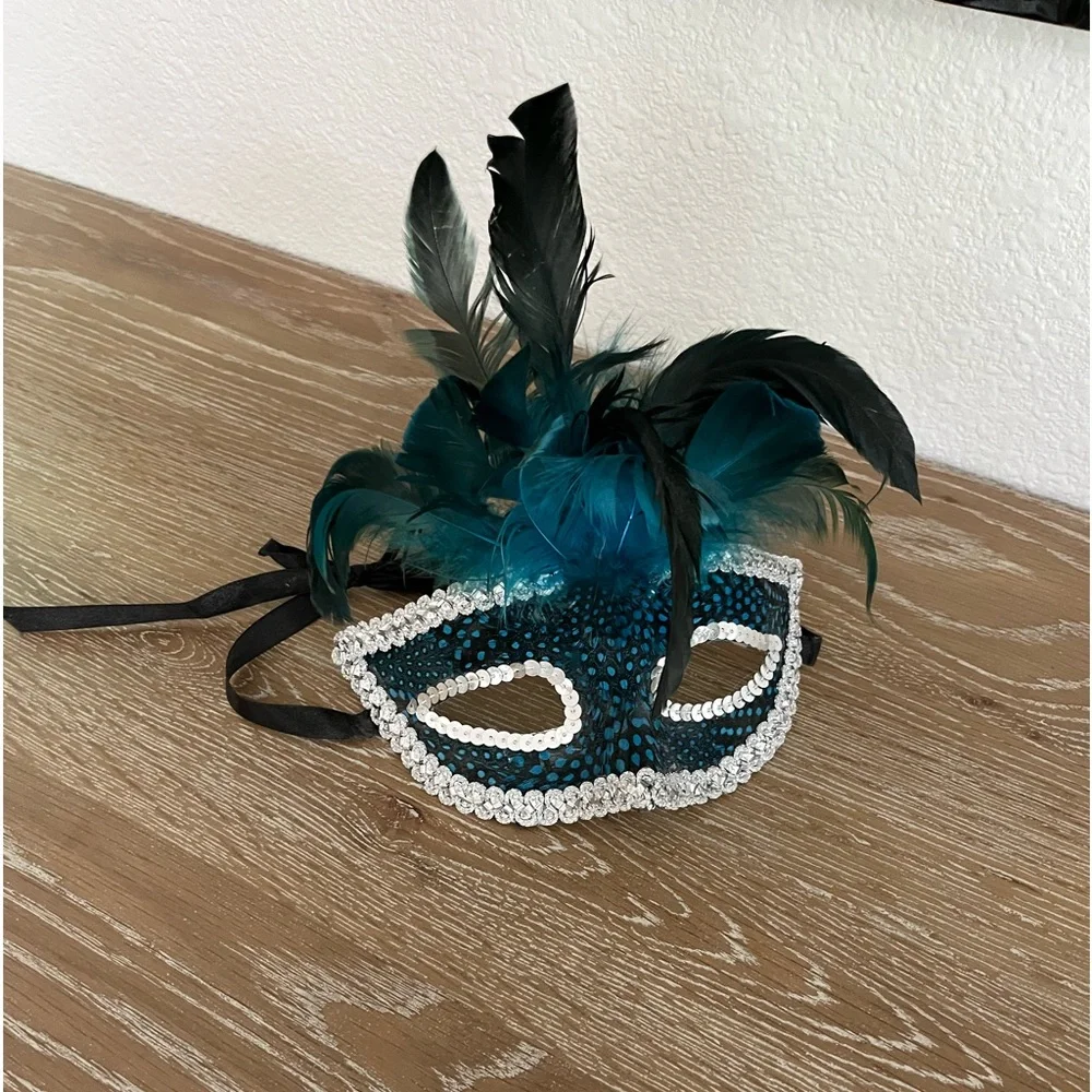Decorative Masquerade Mask in blues and black and feathers